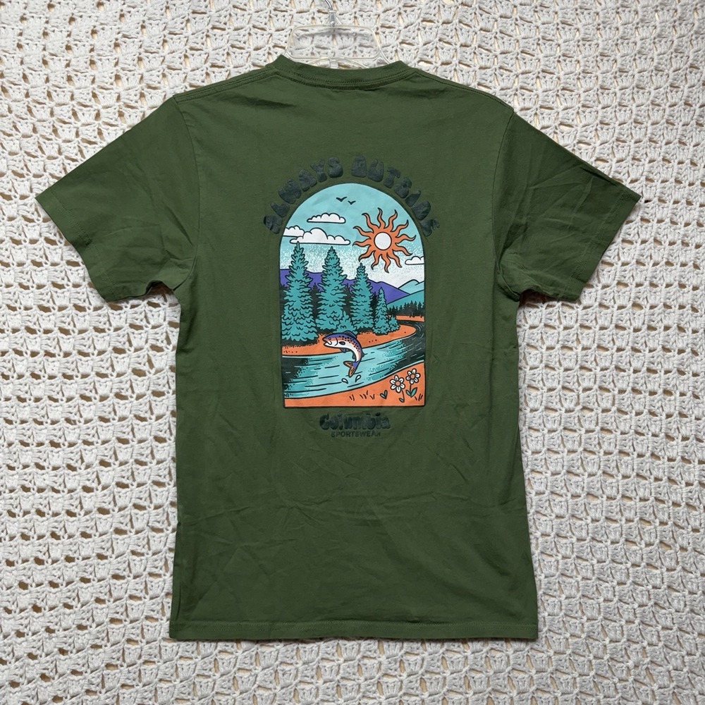 Columbia T-Shirt Mens S Green Always Outside Fish Graphic Outdoor Nature Fishing
